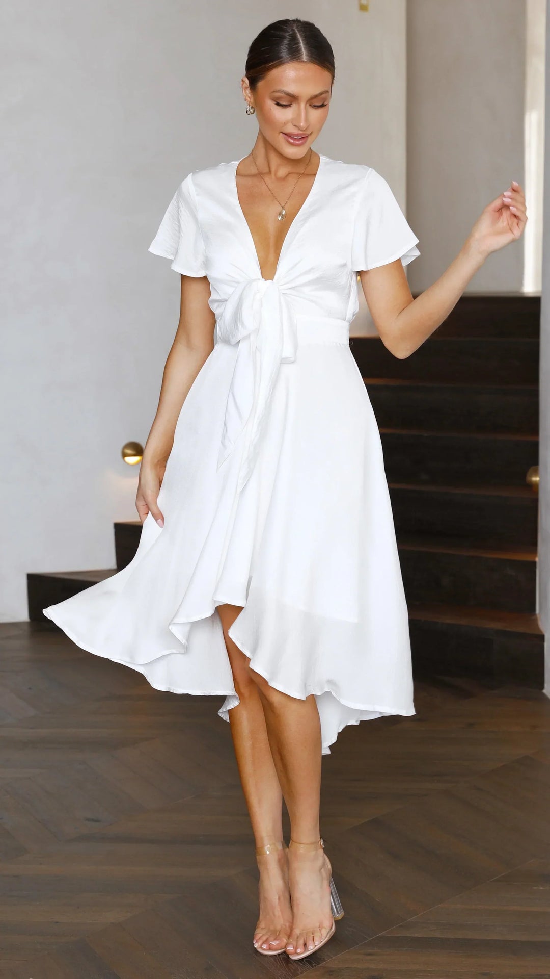 Abito Midi Donna in Raso Scollo a V Maniche Farfalla Gonna Asimmetrica