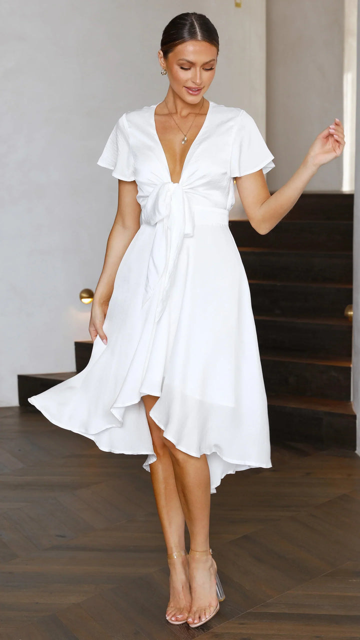 Abito Midi Donna in Raso Scollo a V Maniche Farfalla Gonna Asimmetrica