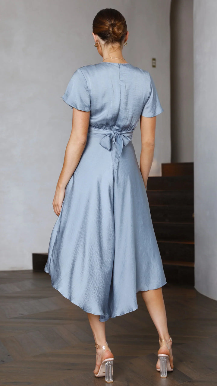 Abito Midi Donna in Raso Scollo a V Maniche Farfalla Gonna Asimmetrica