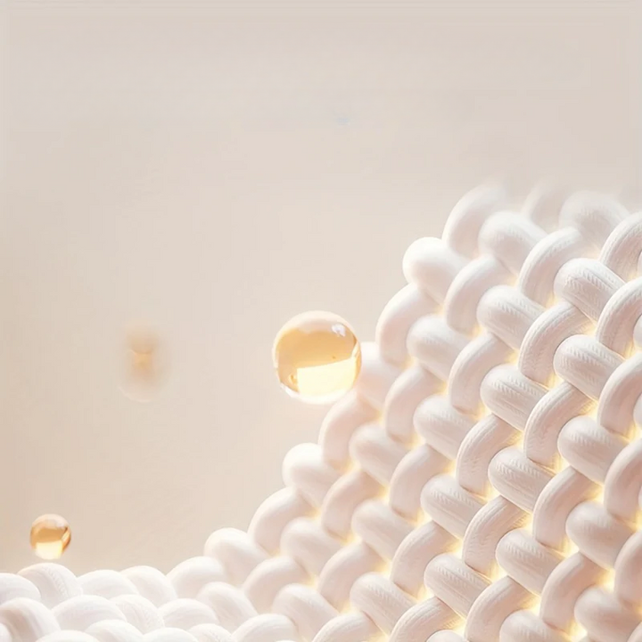 Trama tessile bianca con gocce d'olio sospese, texture dettagliata, sfondo beige. Immagine macro per prodotti skincare e tessuti innovativi.