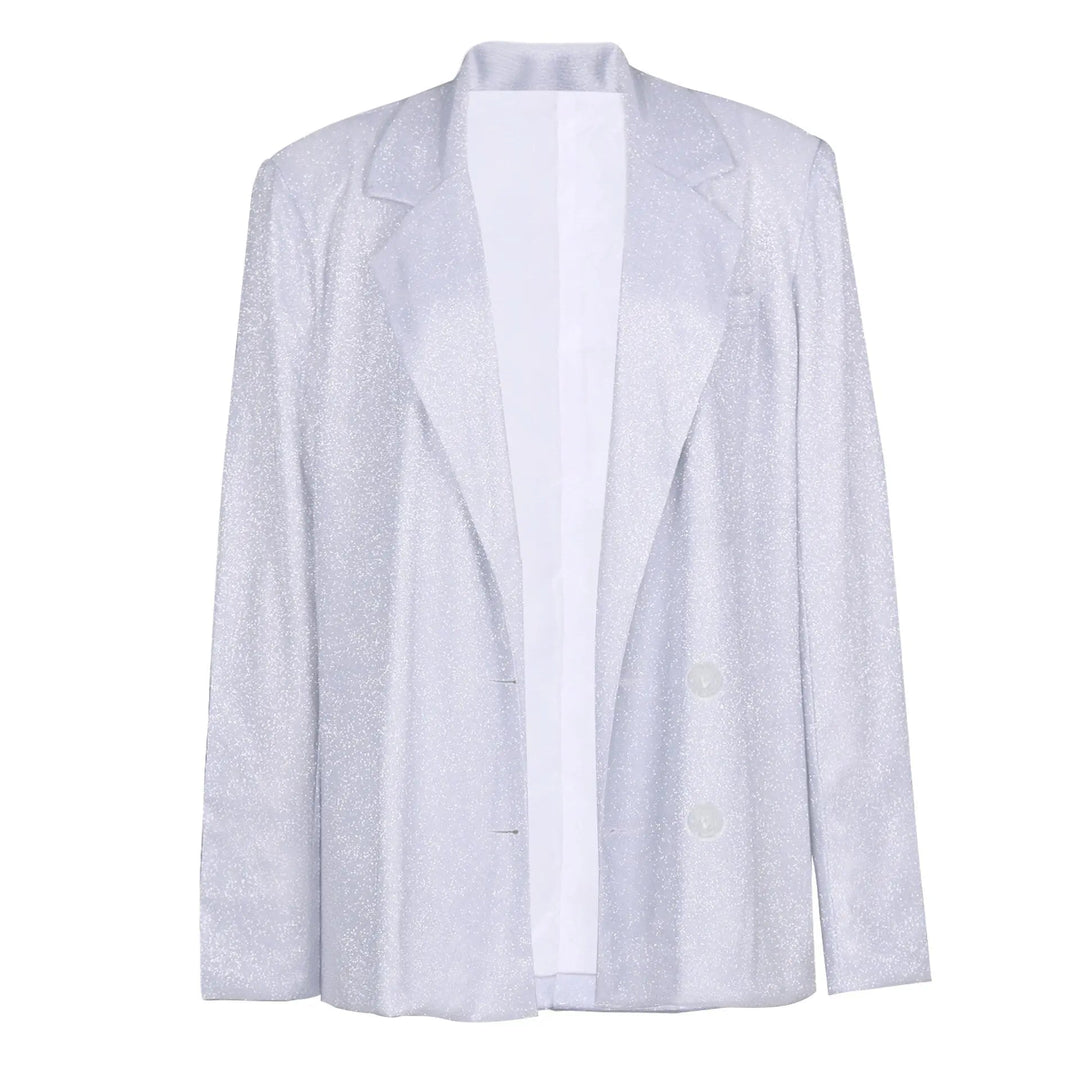 Giacca blazer donna argento scintillante, elegante e moderna, ideale per eventi formali. Design classico con bottoni, tessuto lucido.