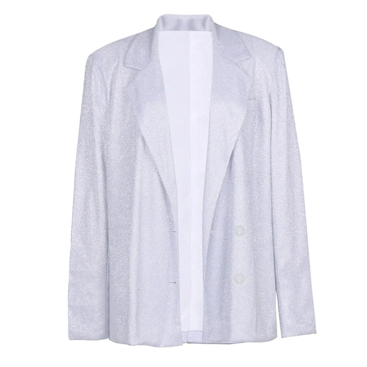 Giacca blazer donna argento scintillante, elegante e moderna, ideale per eventi formali. Design classico con bottoni, tessuto lucido.