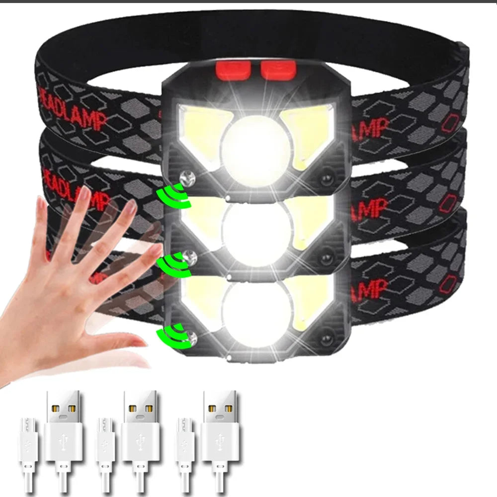 Lampada frontale a LED ricaricabile tramite USB: torcia frontale luminosa attivata da sensore per pesca, escursionismo, ricerca di emergenza o campeggio avventuroso 11