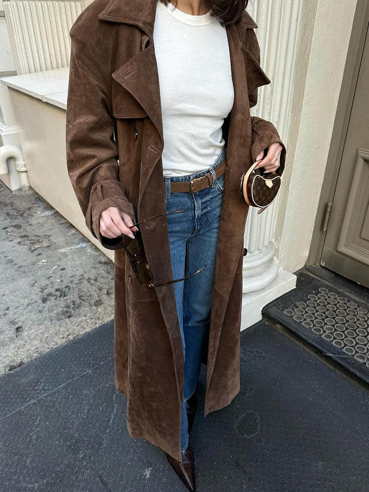 Trench Donna in Pelle Scamosciata Elegante Caldo - Vesarelli