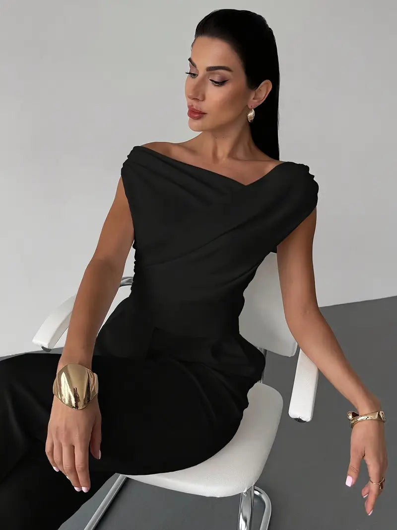 Donna Spalle Drappeggiate Stile Casual Elegante