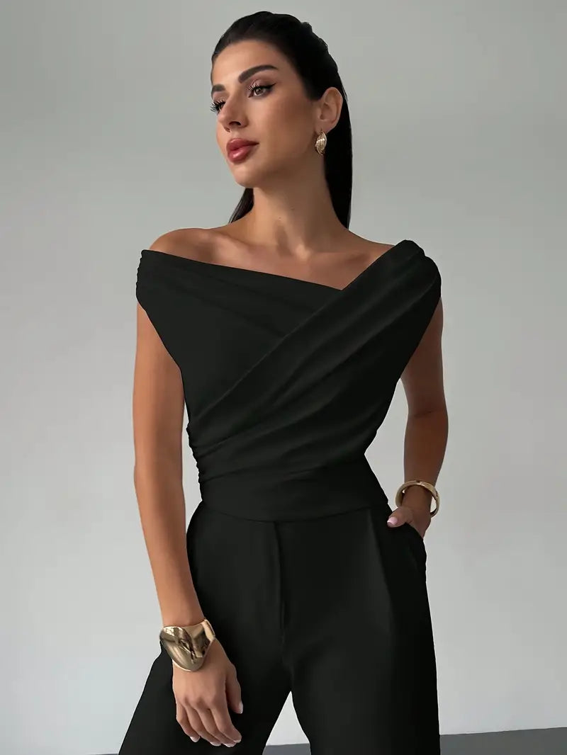 Donna Spalle Drappeggiate Stile Casual Elegante