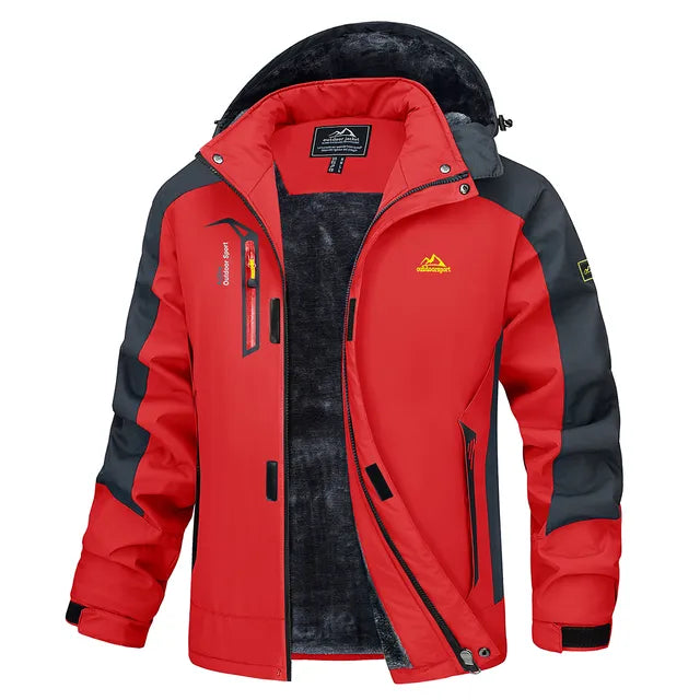 Giacca da sci impermeabile rossa e nera, con cappuccio staccabile, fodera in pile, cerniere resistenti, ideale per sport invernali e outdoor.