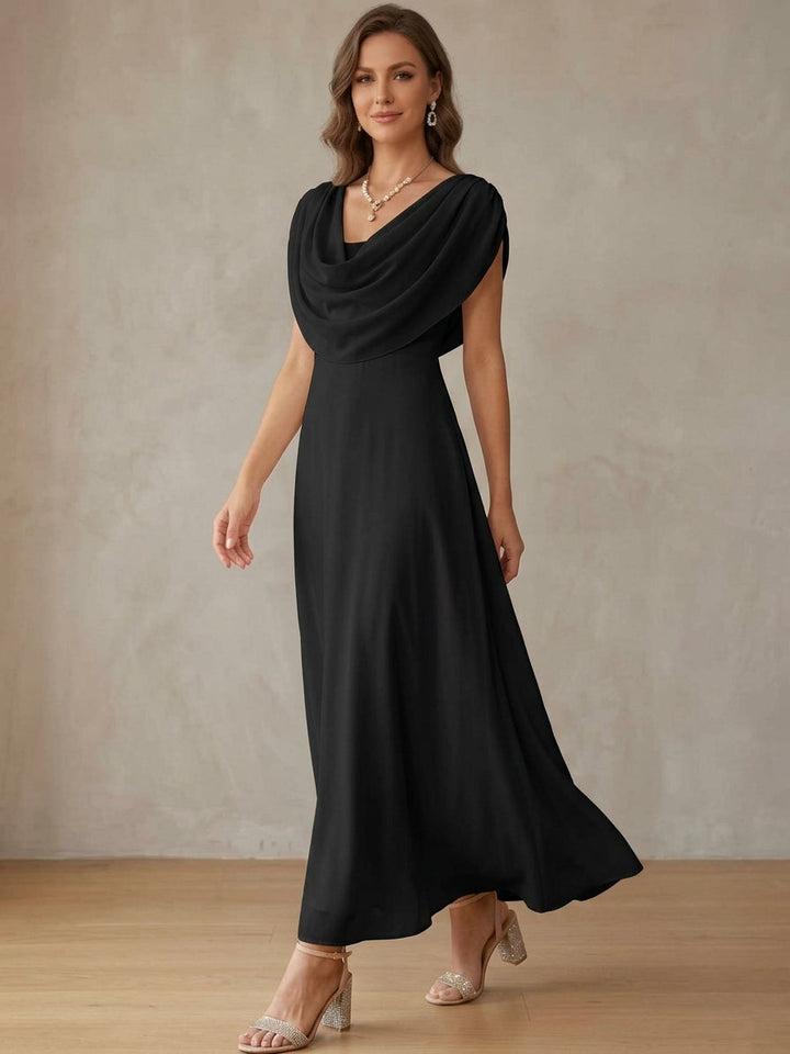 Abito Cocktail Donna in Chiffon Scollo a Cascata Senza Maniche