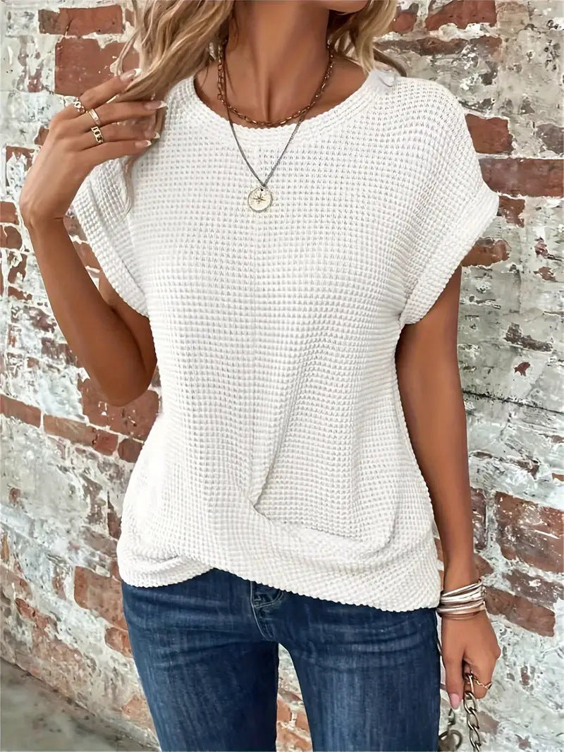 Maglietta Donna Casual con Torsione Frontale e Maniche Arrotolate, Stile Estivo Elegante e Comodo 1