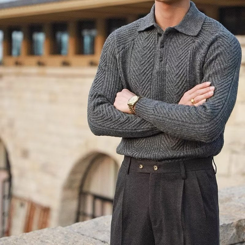 Maglione da uomo in maglia – Vestibilità slim – Collo polo – Maglia a trecce – Tessuto elasticizzato morbido 1