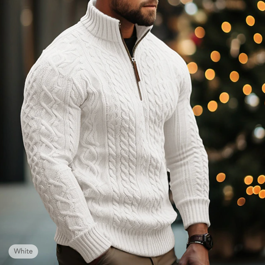Maglione Uomo Maglia a Trecce Mezza Cerniera Collo Alto Morbido - Vesarelli