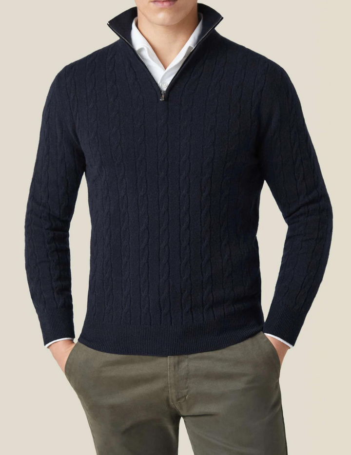 Maglione Uomo Misto Lana Maglia a Trecce Collo Alto Mezza Cerniera - Vesarelli