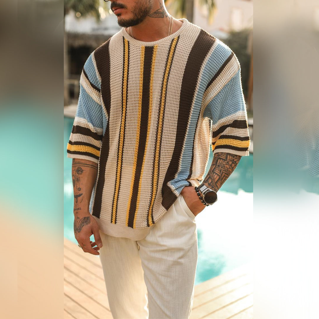 Maglione lavorato a maglia da uomo - Manica corta - Motivo a righe - Vestibilità comoda e casual 1