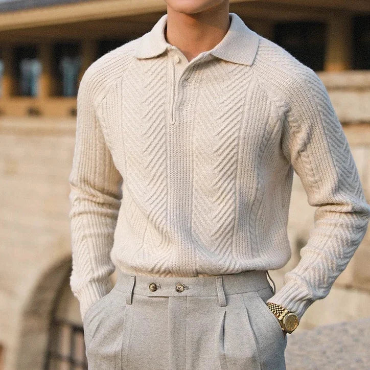 Maglione lavorato a maglia da uomo – Vestibilità slim – Maglia a trecce – Collo polo – Manica lunga – Abbigliamento elegante 1