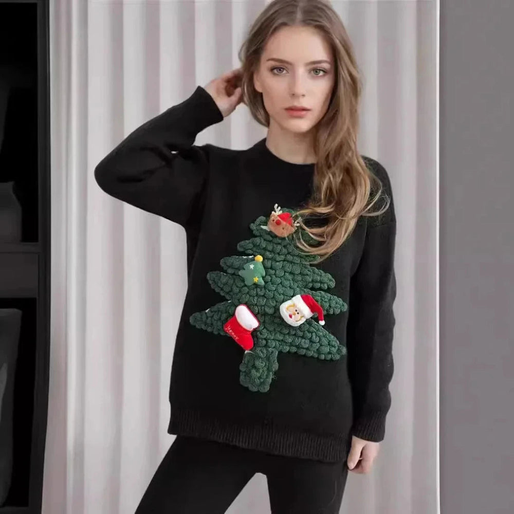 Maglione natalizio caldo da donna in tessuto caldo con design festoso 1