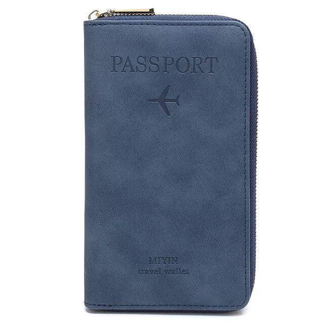 Portafoglio da viaggio blu in pelle con cerniera, design per passaporto, logo aereo, ideale per organizzare documenti e carte durante i viaggi.