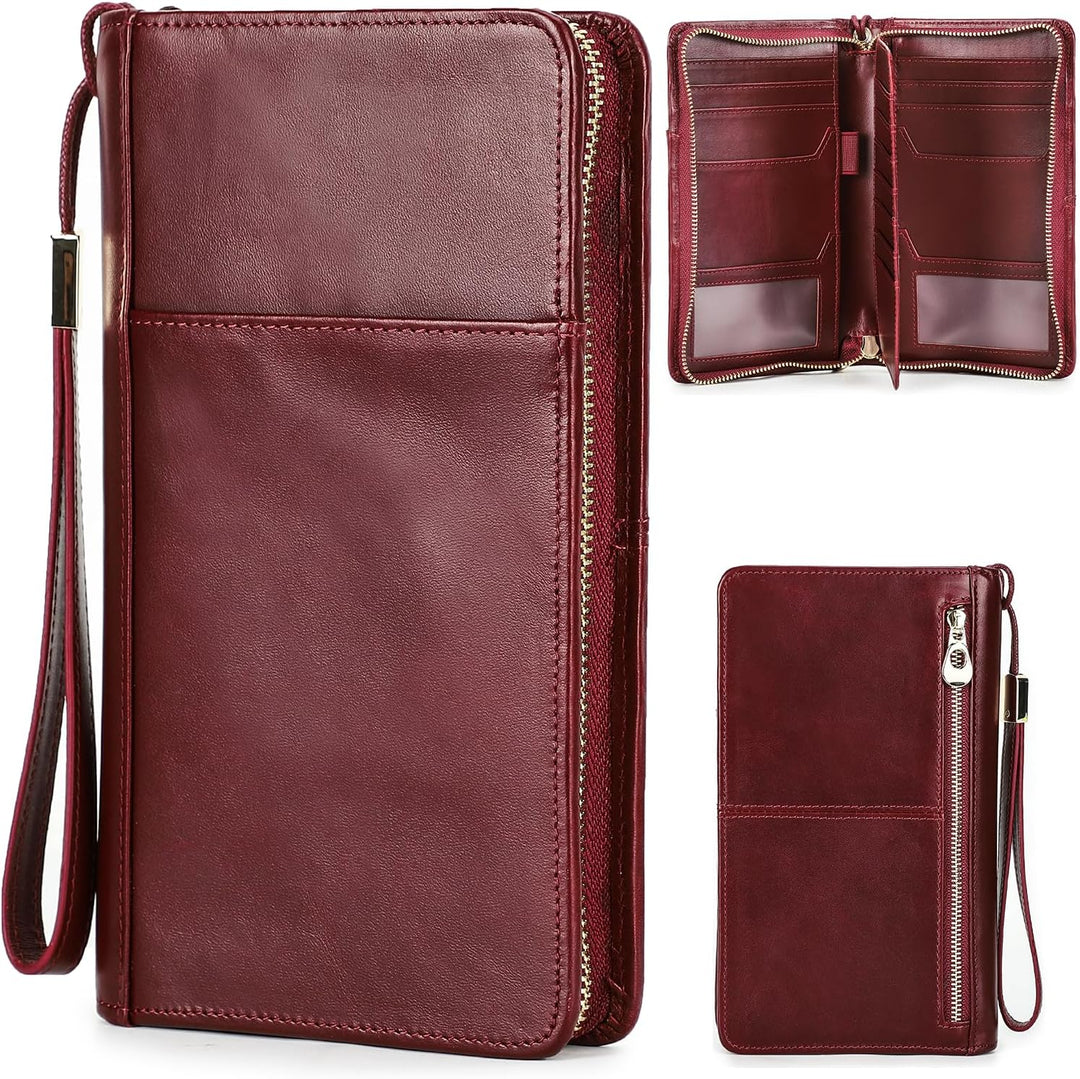 Portafoglio donna in pelle rossa con cerniera, tasche multiple e cinturino da polso. Elegante e spazioso, ideale per carte e contanti.