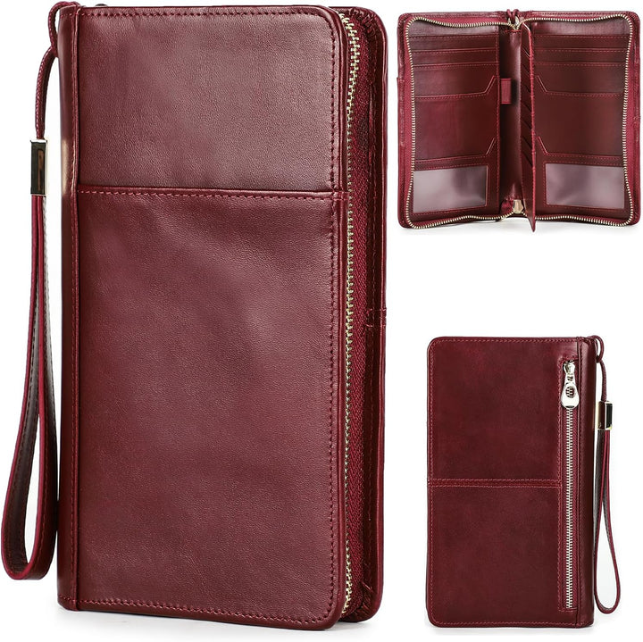 Portafoglio donna in pelle rossa, con cerniera e cinturino da polso. Design elegante, multi-scomparto per carte e contanti. Accessorio moda pratico.