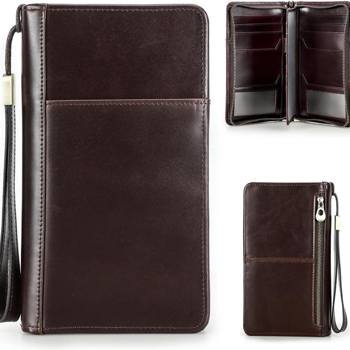 Portafoglio uomo in pelle marrone, design elegante con zip, tasche multiple per carte e contanti, ideale per moda e accessori di lusso.