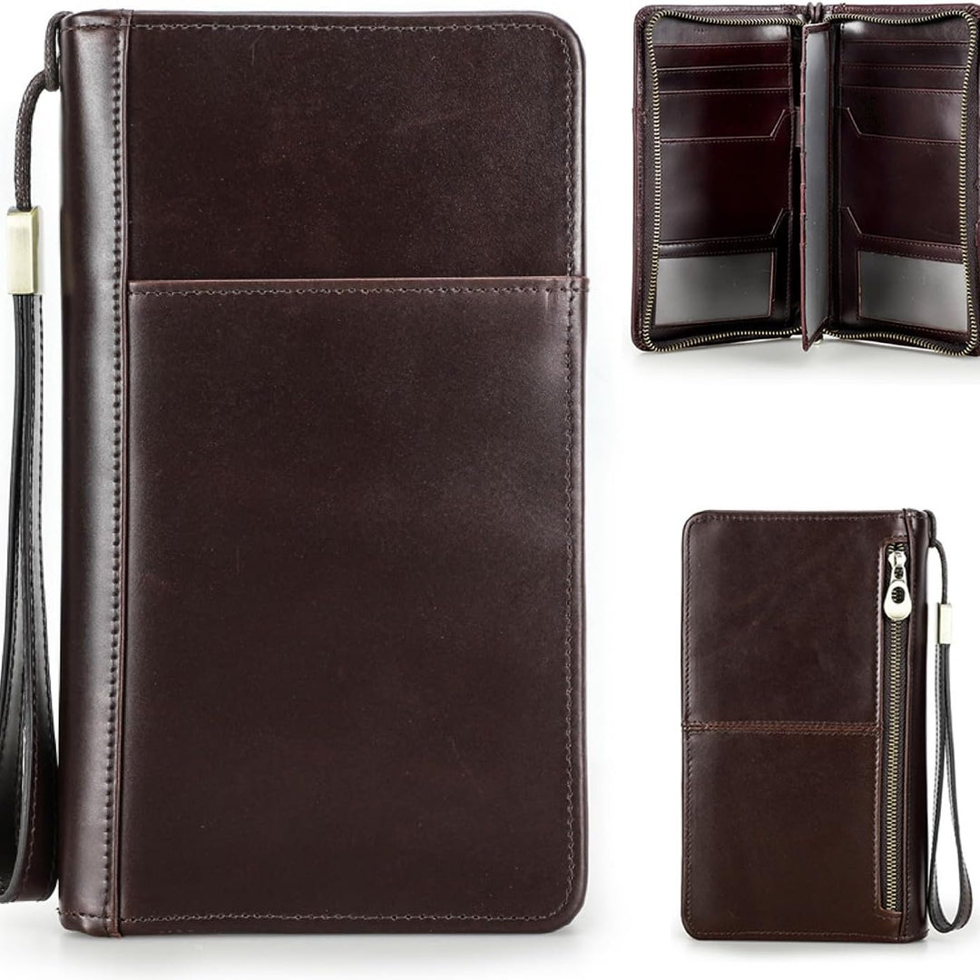 Portafoglio uomo in pelle marrone, design elegante con zip, scomparti multipli per carte e contanti, ideale per uso quotidiano e viaggi.