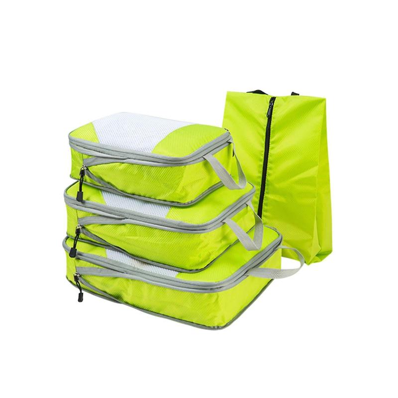 Set di organizer da viaggio verde lime, tre cubi con cerniera e una borsa per scarpe. Ideale per valigie, accessori viaggio, organizzazione bagagli.