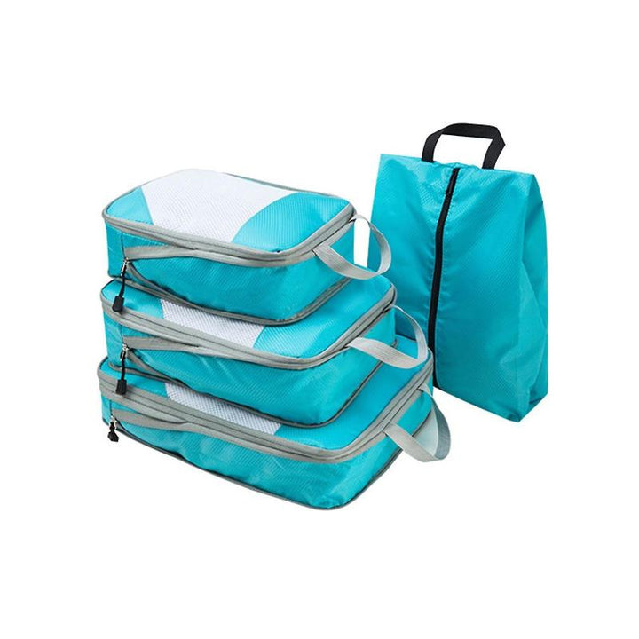 Set di organizer da viaggio turchesi, 4 pezzi, con cerniera e manici. Ideali per valigie, ottimizzano spazio e organizzazione bagagli.