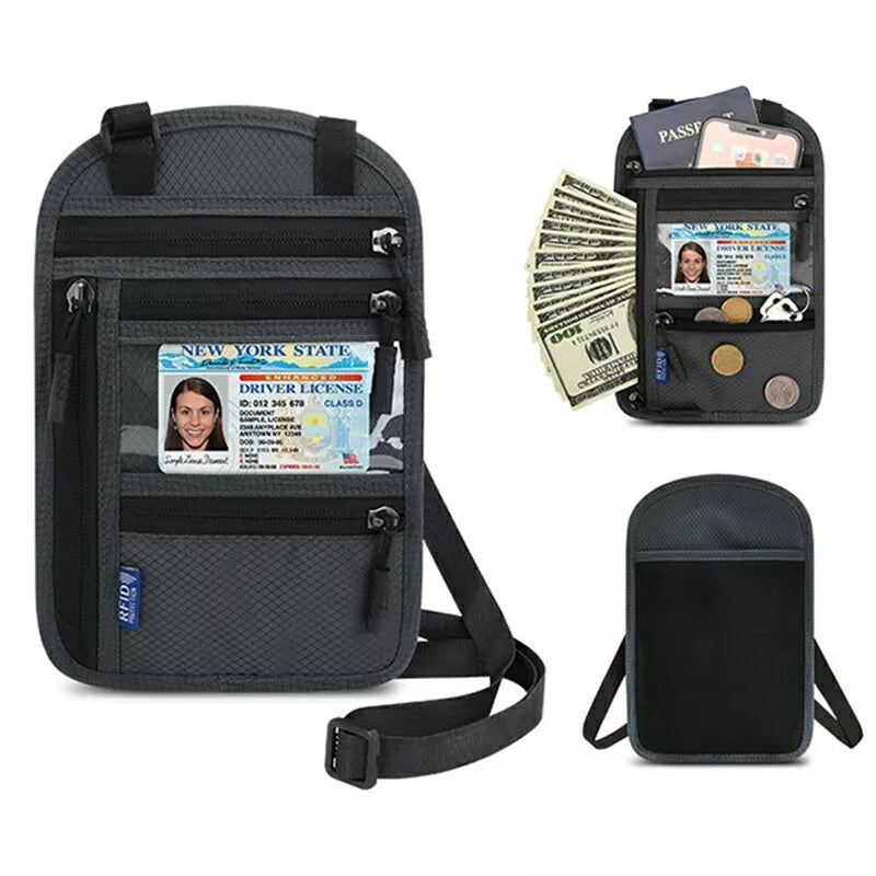 Borsa a tracolla nera con tasche multiple, porta documenti, passaporto, contanti e monete. Ideale per viaggi e sicurezza.