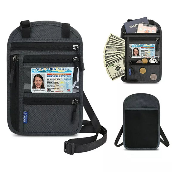 Tracolla porta documenti nera con tasche multiple, ideale per passaporto, patente, contanti e carte. Accessorio da viaggio sicuro e pratico.