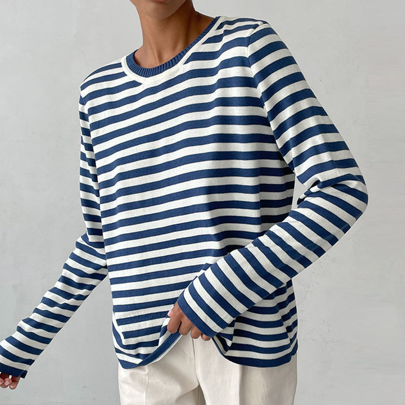 Felpa Donna in Maglia a Righe Manica Lunga Scollo Rotondo Casual - Vesarelli