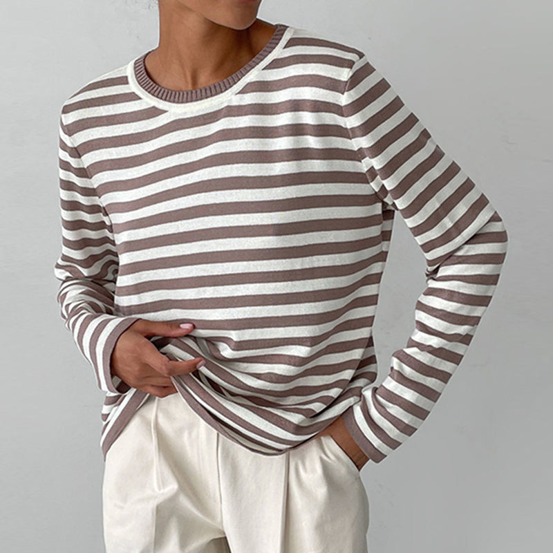 Felpa Donna in Maglia a Righe Manica Lunga Scollo Rotondo Casual