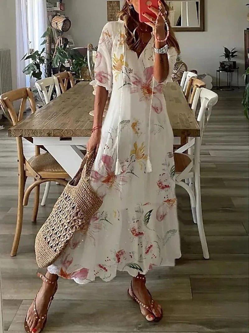 Abito Maxi Donna Stampa Floreale Linea Scivolata - Vesarelli