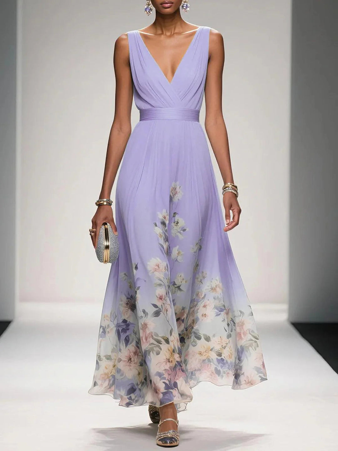Maxi Abito Estivo Donna Scollo a V Stampa Floreale Elegante A-Line 5