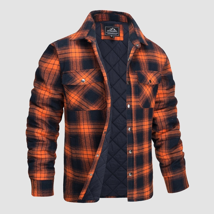 Camicia a quadri arancione e nera da uomo, imbottita, con bottoni e tasche frontali. Ideale per l'inverno, stile casual e outdoor.