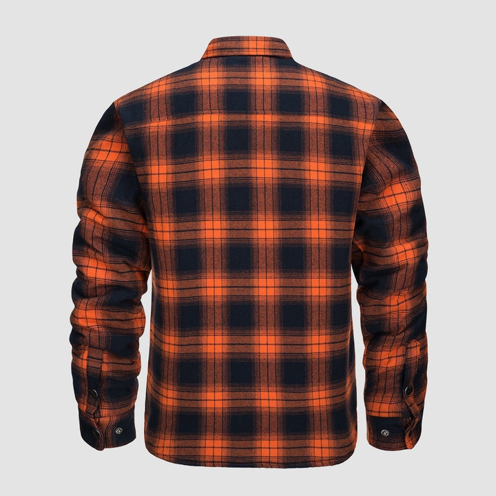 Camicia a quadri arancione e nera da uomo, maniche lunghe, stile casual, tessuto in flanella, ideale per autunno e inverno.