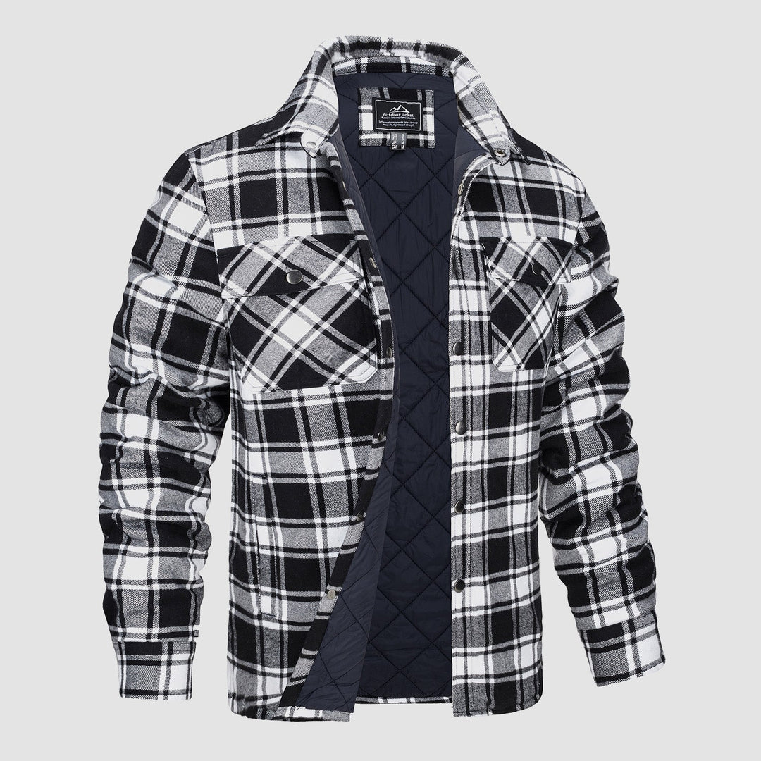 Camicia a quadri bianco e nero da uomo, imbottita, con tasche frontali, ideale per l'inverno. Stile casual, tessuto caldo e confortevole.