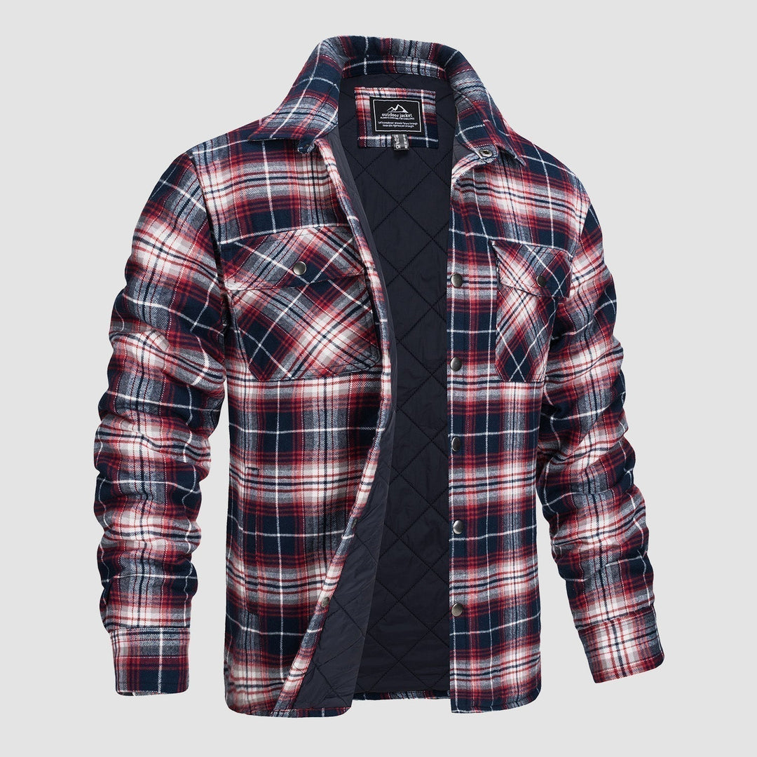 Camicia a quadri imbottita da uomo, blu e rossa, con tasche frontali, ideale per l'inverno. Stile casual, tessuto caldo e confortevole.