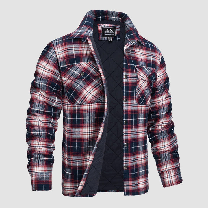 Camicia a quadri imbottita da uomo, blu e rossa, con tasche frontali, ideale per l'inverno. Stile casual, tessuto caldo e confortevole.
