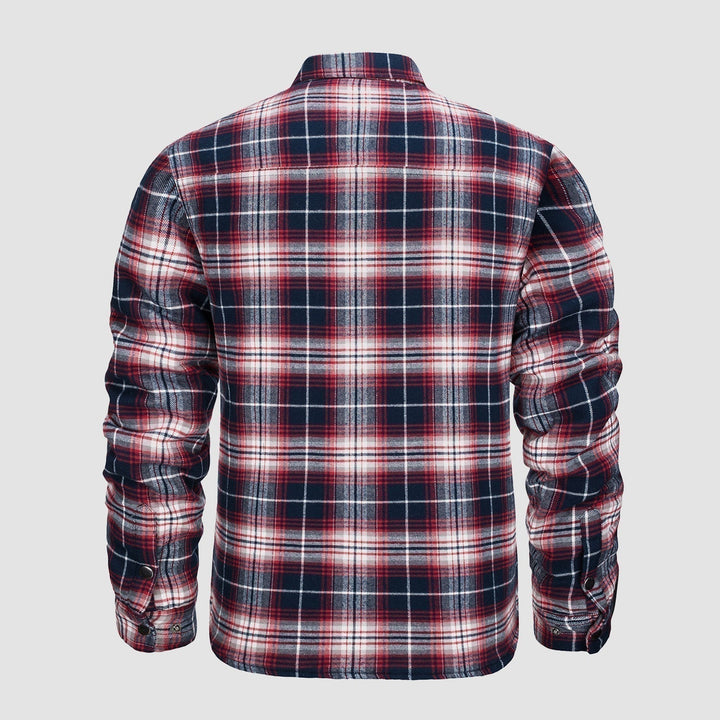 Camicia a quadri uomo, maniche lunghe, colori rosso, blu e bianco, stile casual, tessuto morbido, ideale per autunno e inverno.