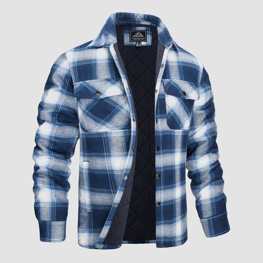 Camicia a quadri blu e bianca da uomo, imbottita, con tasche frontali e bottoni, ideale per l'inverno. Stile casual e confortevole.