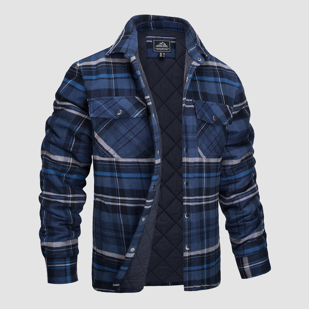 Camicia a quadri blu da uomo, imbottita e trapuntata, con tasche frontali e bottoni a pressione. Ideale per l'inverno, stile casual e confortevole.