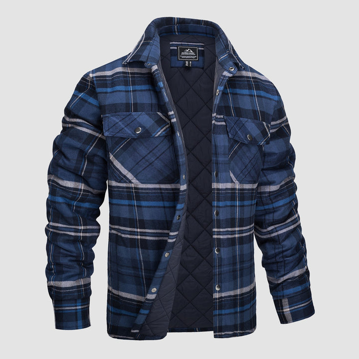 Camicia a quadri blu da uomo, imbottita e trapuntata, con tasche frontali e bottoni a pressione. Ideale per l'inverno e casual outdoor.