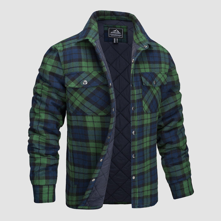 Camicia a quadri verde e blu da uomo, imbottita e trapuntata, con tasche frontali e bottoni a pressione. Ideale per l'inverno e attività all'aperto.