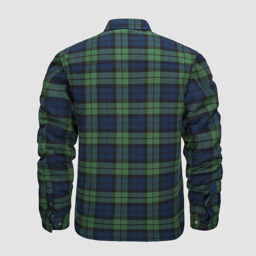Camicia a quadri uomo, maniche lunghe, motivo tartan verde e blu, tessuto flanella, stile casual, retro, ideale per autunno e inverno.