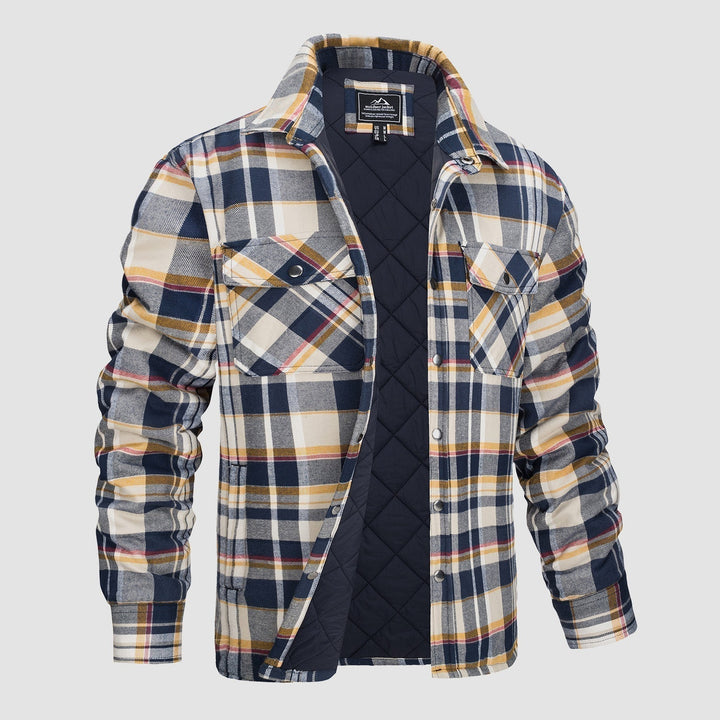 Camicia a quadri imbottita da uomo, blu e beige, con tasche frontali e fodera trapuntata. Ideale per l'inverno, stile casual e confortevole.