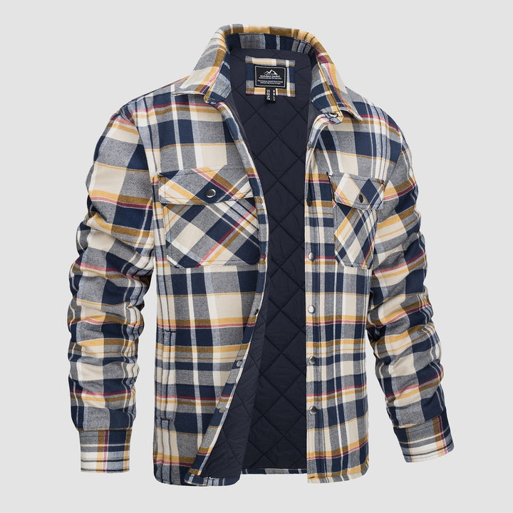 Camicia a quadri imbottita da uomo, blu e beige, con tasche frontali e fodera trapuntata. Ideale per l'inverno, moda casual e outdoor.