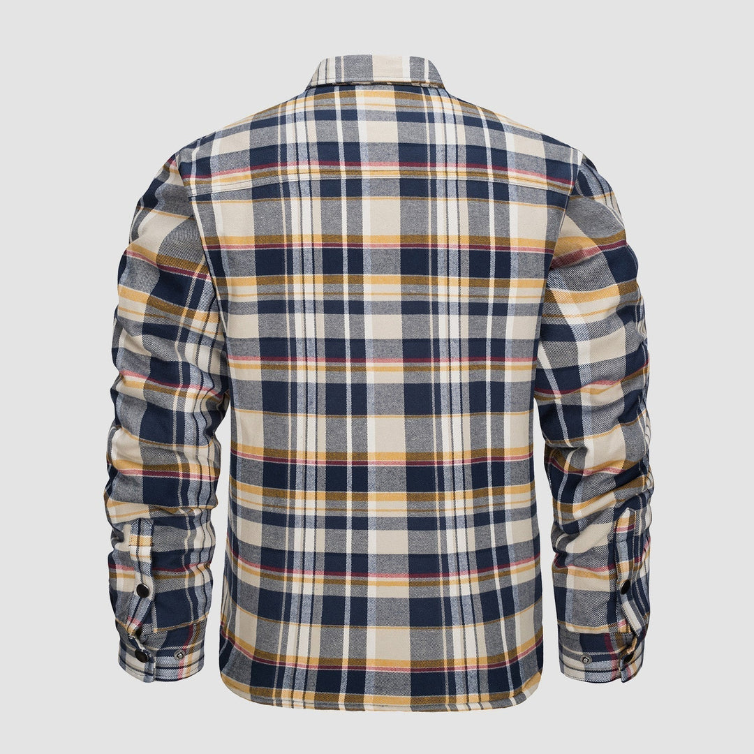 Camicia a quadri uomo, maniche lunghe, colori blu, giallo e bianco, stile casual, tessuto morbido, ideale per autunno e inverno.