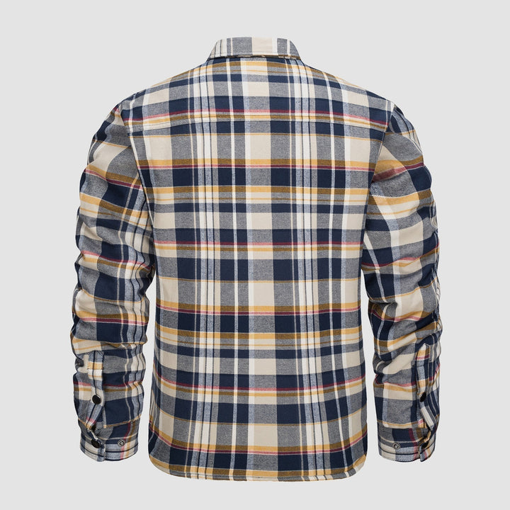 Camicia a quadri uomo, maniche lunghe, colori blu, giallo e bianco, stile casual, tessuto morbido, ideale per autunno e inverno.