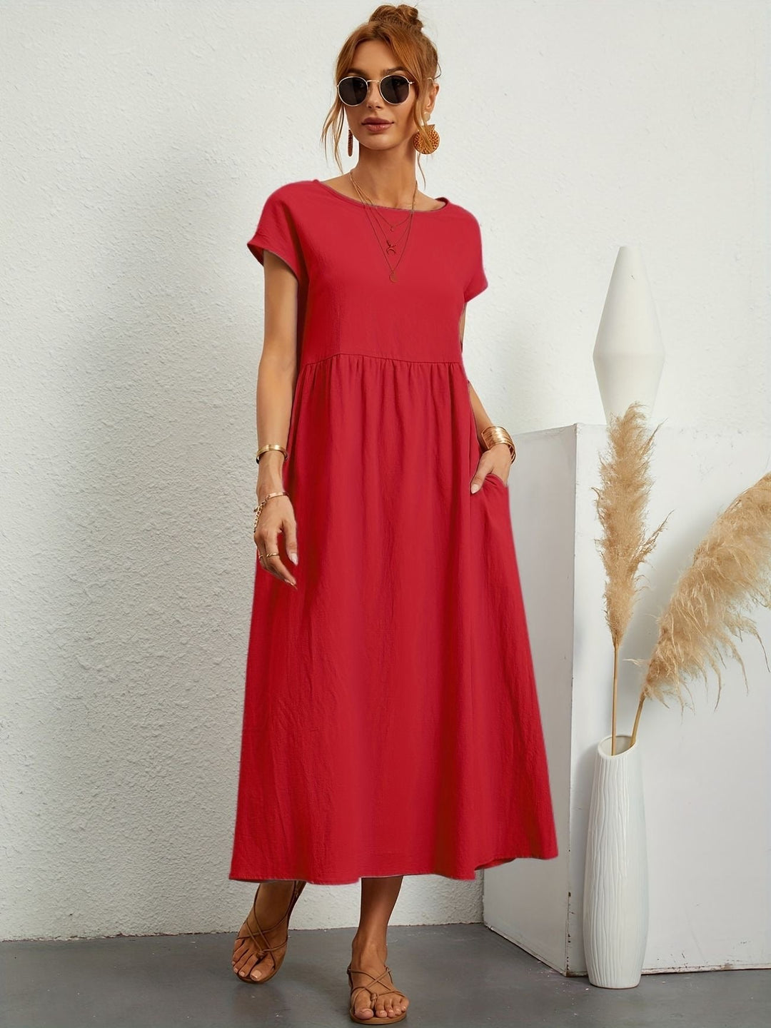 Abito Midi Donna Leggero Tasche Manica Corta Disinvolto