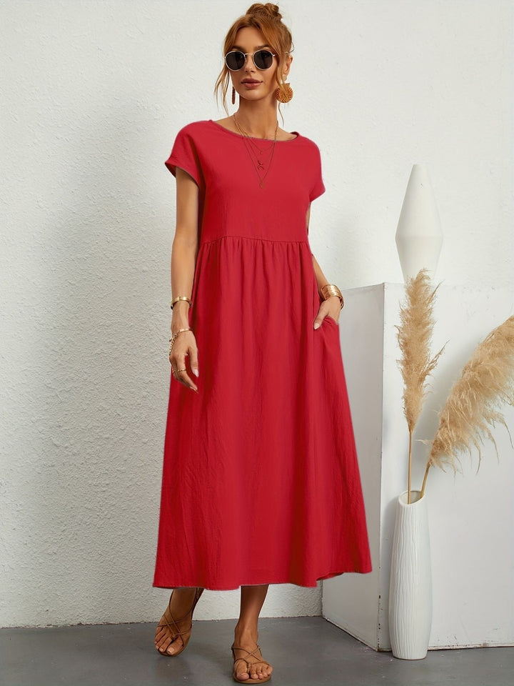Abito Midi Donna Leggero Tasche Manica Corta Disinvolto