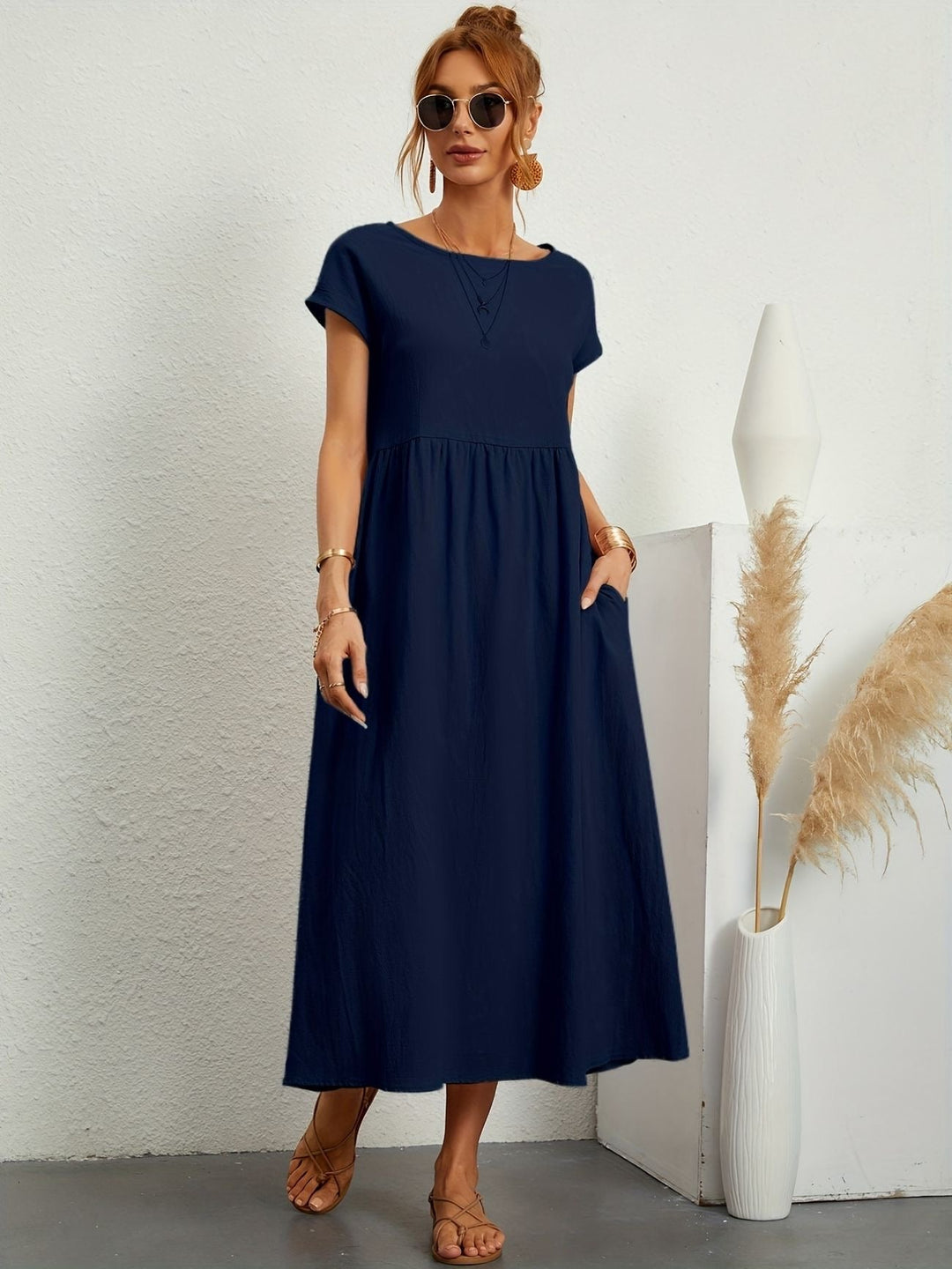 Abito Midi Donna Leggero Tasche Manica Corta Disinvolto